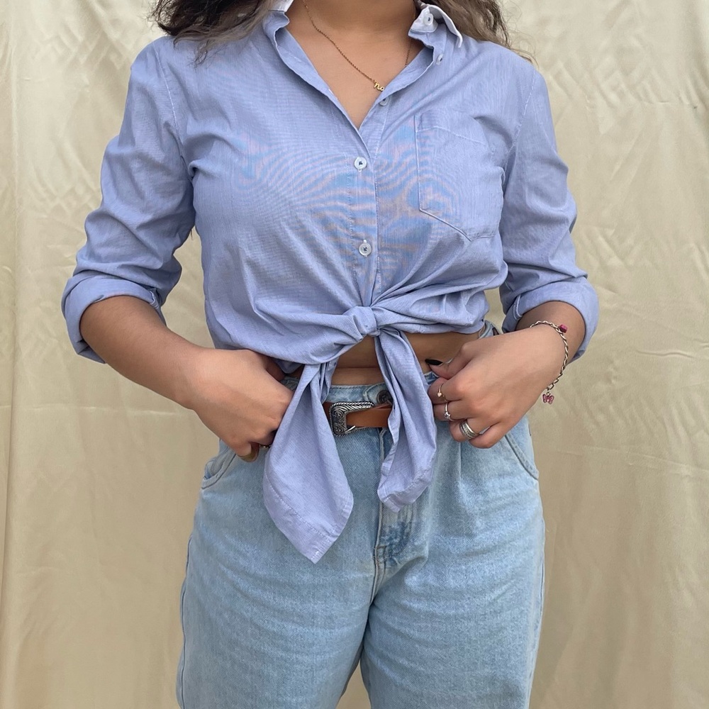 Blue and white striped long sleeve shirt